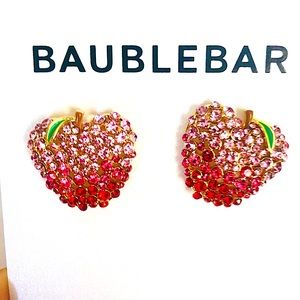 NWT Baublebar Gold Tone Apple Fruit Stud Earrings Red & Pink Crystal Accents